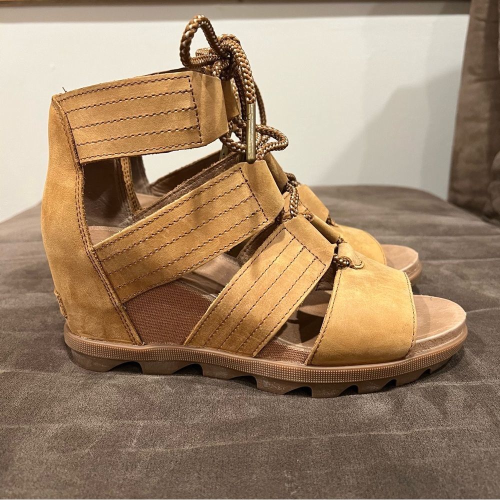 Sorel Joanie II Lace Wedge Sandal Camel Brown Size 9 - Picture 4 of 13